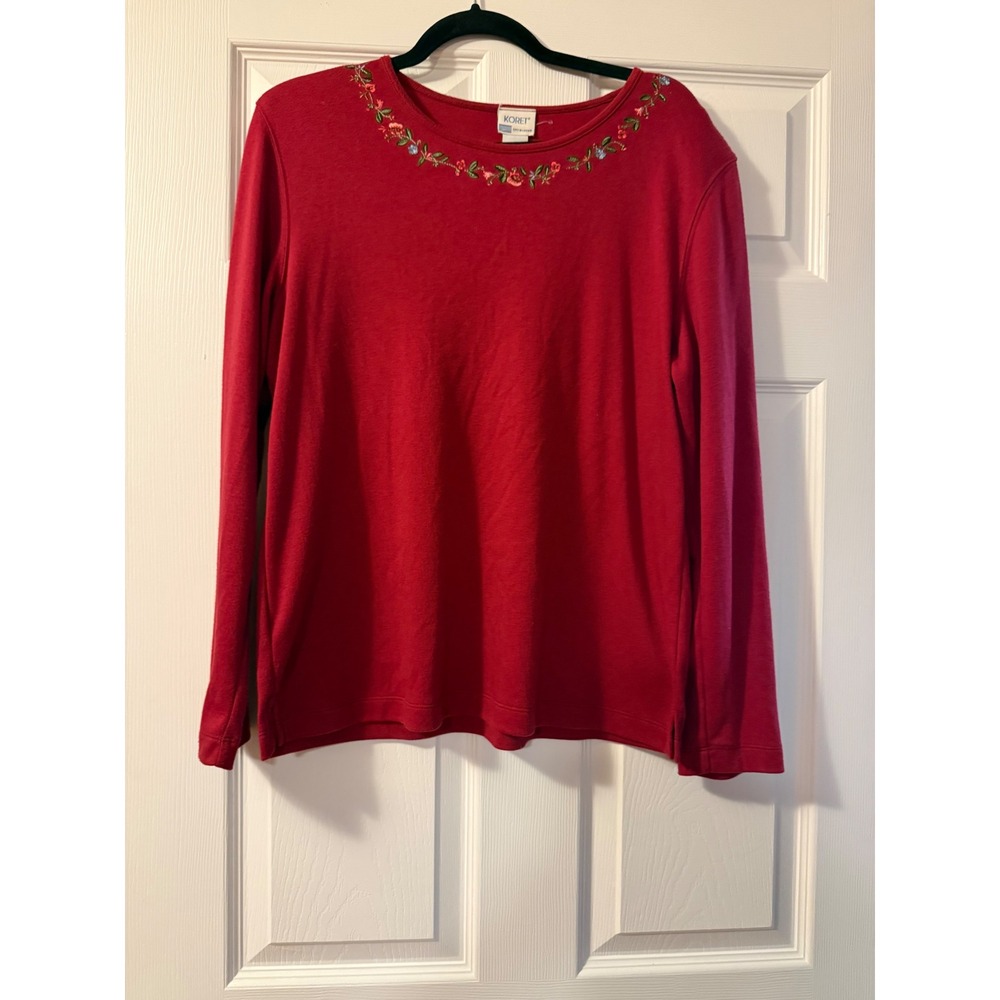 Koret City Blues Red Floral Embroidered Long Sleeve Top Size Large Vintage 1980s